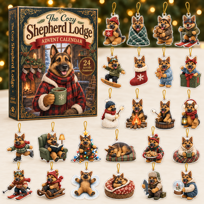 Cozy Shepherd Lodge Advent Calendar 2026 - 24-Day Festive Countdown, Acrylic Charms Blind Box - Gift For Dog Lovers