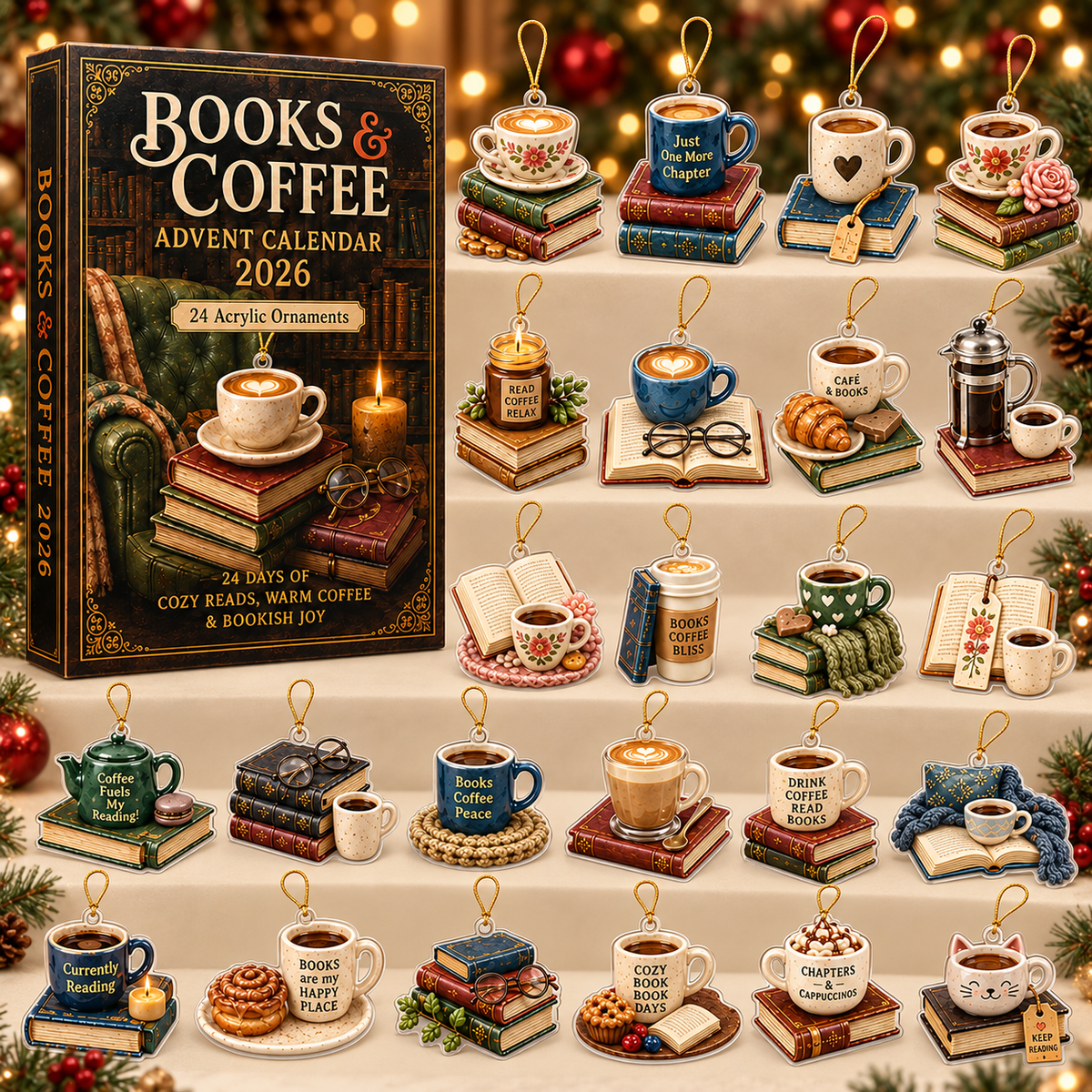 Book & Coffee Advent Calendar 2026 - 24-Day Festive Countdown, Acrylic Charms Blind Box - Gift For Reading Lovers