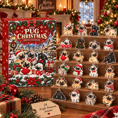 Christmas Pug Advent Calendar 2026 - 24 Day Spirits Countdown, Acrylic Charms Blind Box - Gift For Family