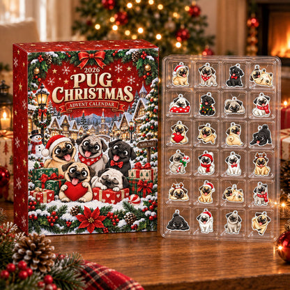 Christmas Pug Advent Calendar 2026 - 24 Day Spirits Countdown, Acrylic Charms Blind Box - Gift For Family
