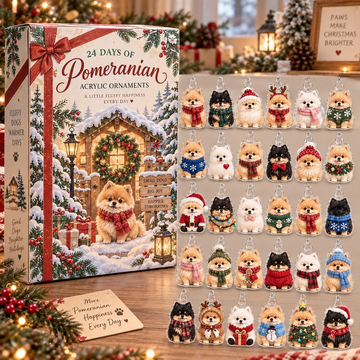 Pomeranian Winter Acrylic Ornaments, 24-Day Advent Calendar, Christmas Countdown Gift