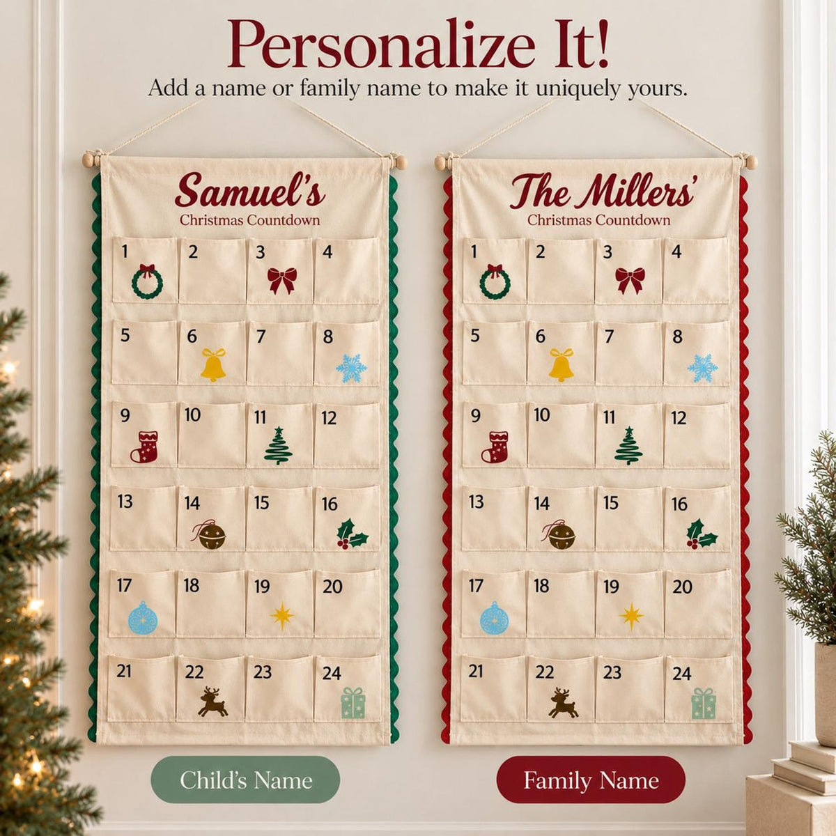 Personalized Fabric Advent Calendar, Custom Name Christmas Countdown, Reusable Wall Hanging