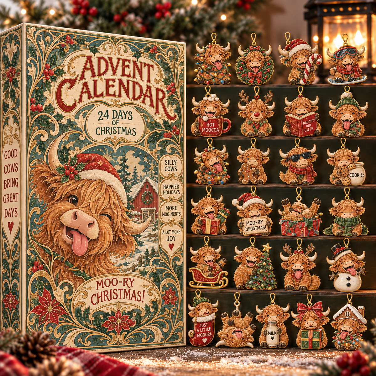 Highland Cow Christmas Advent Calendar 2026 – 24 Acrylic Hanging Charms, Funny Cow Holiday Countdown Gift