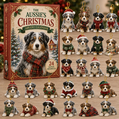 Festive Australian Shepherd Advent Calendar 2026 - 24-Day Festive Countdown, Acrylic Charms Blind Box - Gift For Dog Lovers