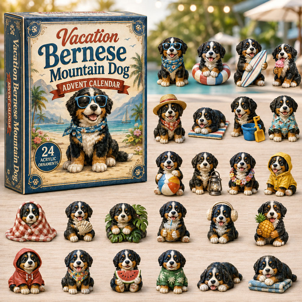 Vacation Bernese Mountain Dog Advent Calendar 2026 - 24-Day Festive Countdown, Acrylic Charms Blind Box - Gift For Bernese Mountain Dog Lovers