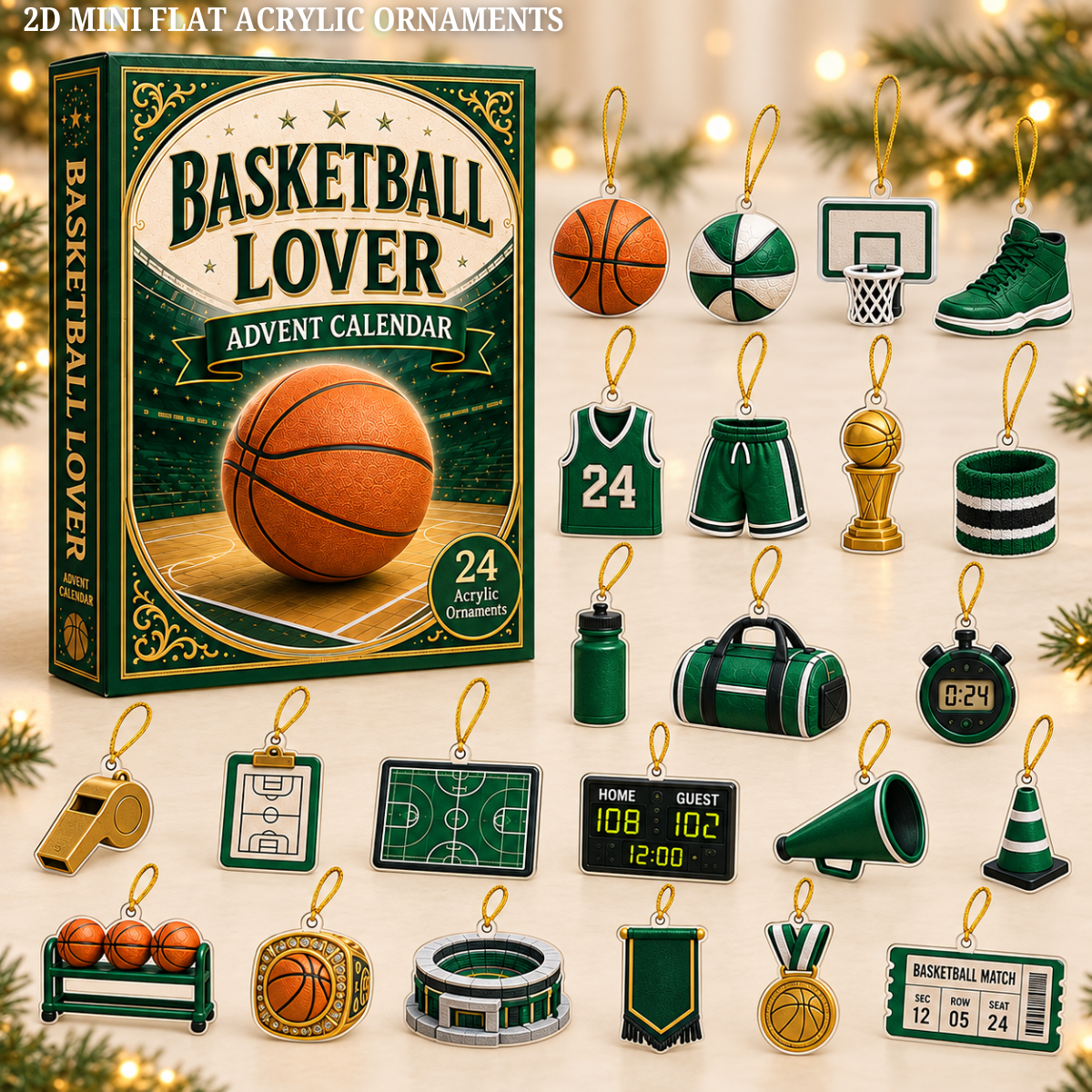 Basketball Green Theme Advent Calendar 2026 - 24-Day Festive Countdown, Acrylic Charms Blind Box - Gift For Basketball Lovers
