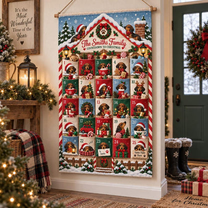 Personalized Dachshund Christmas Fabric Advent Calendar, 25 Day Pocket Countdown, Custom Family Name Dog Wall Hanging, Doxie Xmas Decor