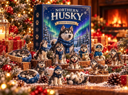 Husky Advent Calendar 2026, 24 2D Acrylic Dog Ornaments, Winter Wonderland Christmas Decor, Dog Lover Gift