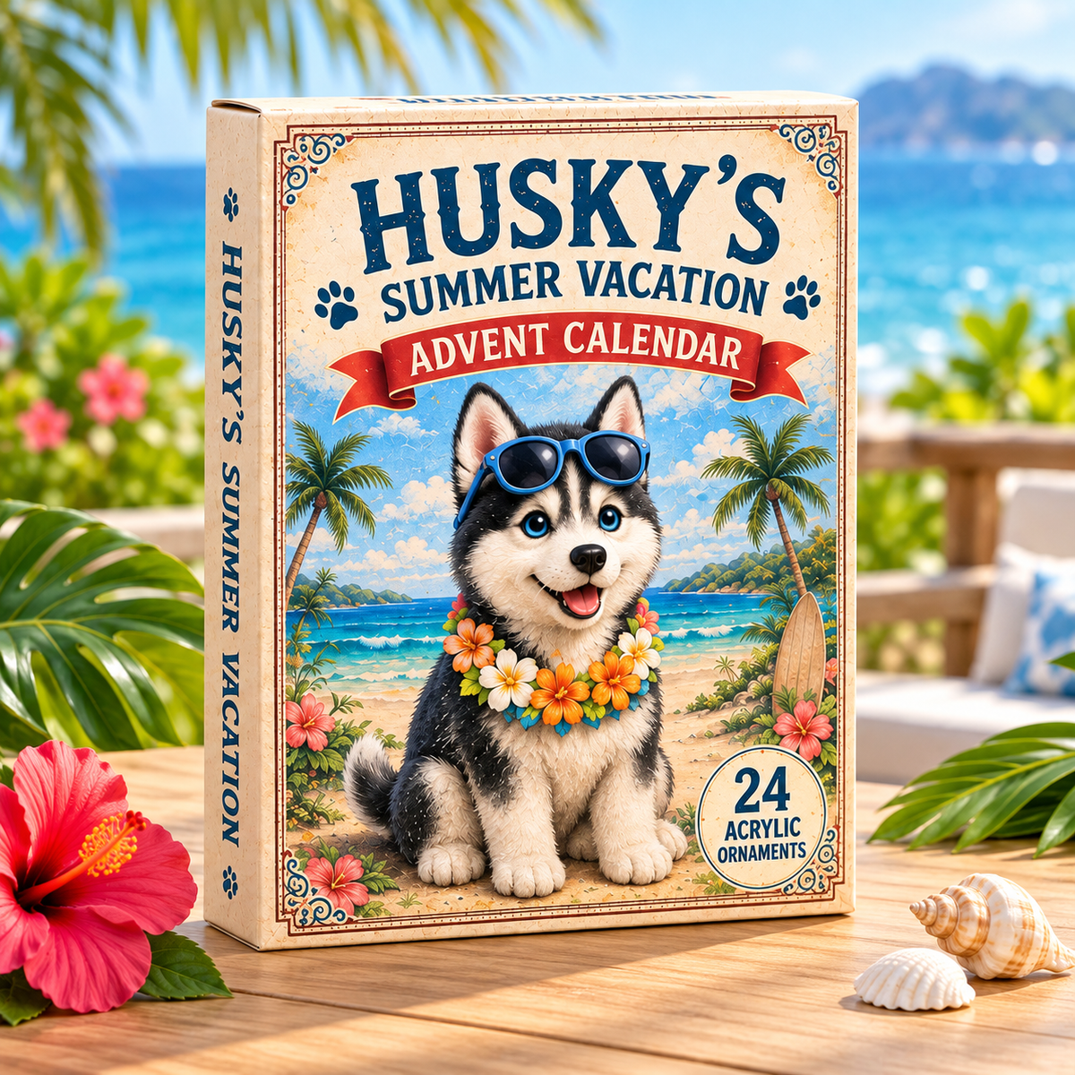 Husky Summer Vacation Advent Calendar 2026 - 24-Day Festive Countdown, Acrylic Charms Blind Box - Gift For Dog Lovers