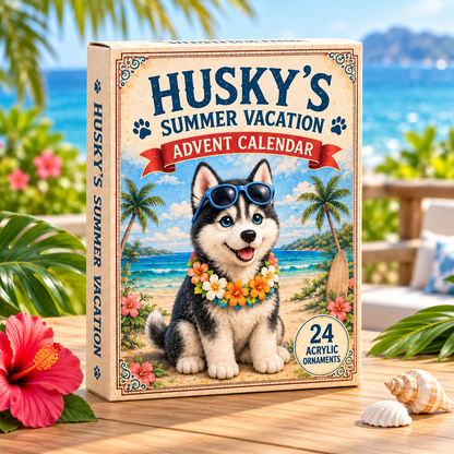 Husky Summer Vacation Advent Calendar 2026 - 24-Day Festive Countdown, Acrylic Charms Blind Box - Gift For Dog Lovers