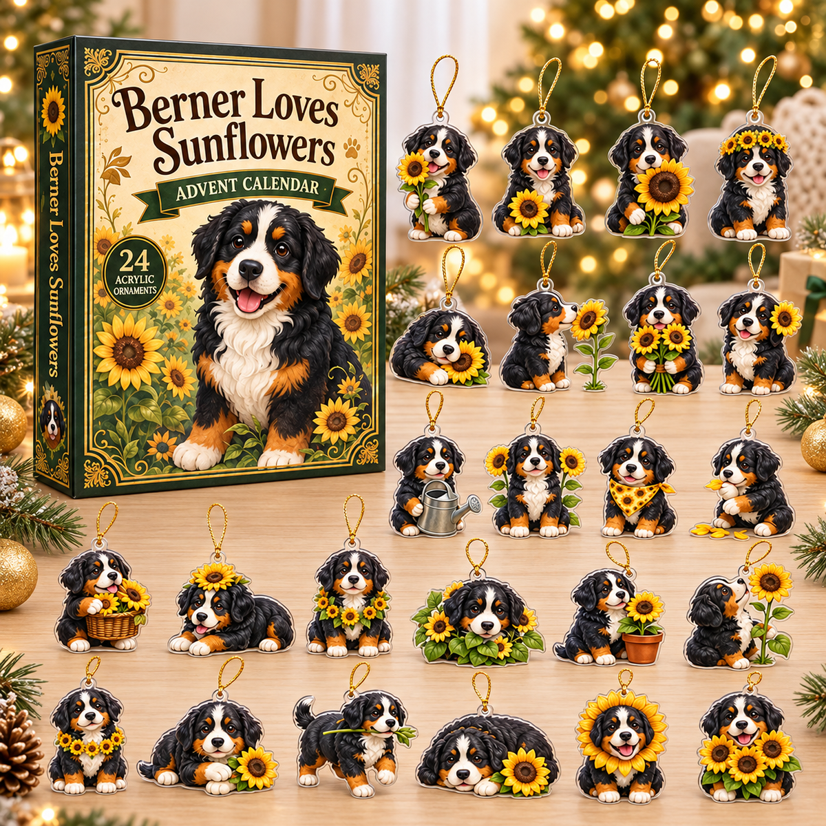 Berner Loves Sunflowers Advent Calendar 2026 - 24-Day Festive Countdown, Acrylic Charms Blind Box - Gift For Bernese Mountain Dog Lovers