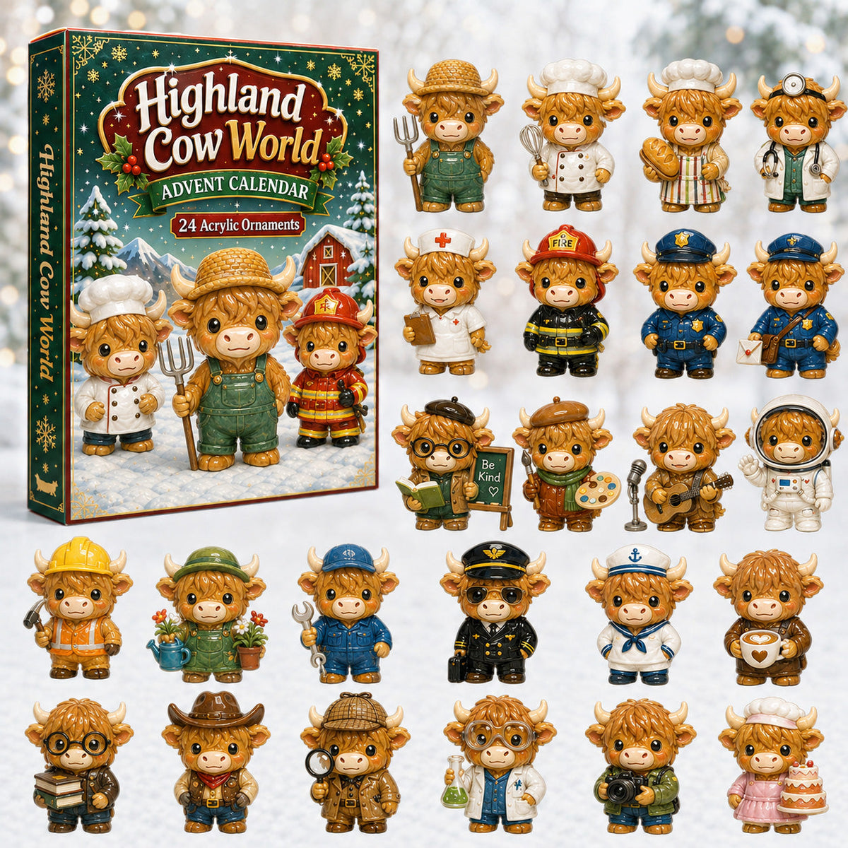 Highland Cow World Advent Calendar 2026 - 24-Day Festive Countdown, Acrylic Charms Blind Box - Gift For Highland Cow Lovers