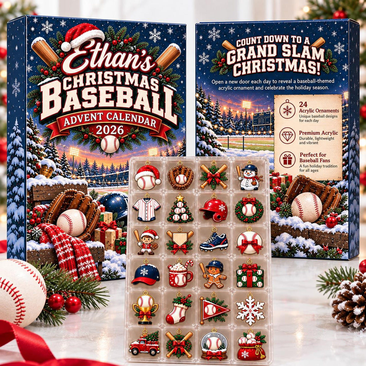 Custom Name Baseball Advent Calendar 2026, Christmas Countdown Box, 24 Baseball Charms, Personalized Holiday Keepsake, Baseball Player Gift