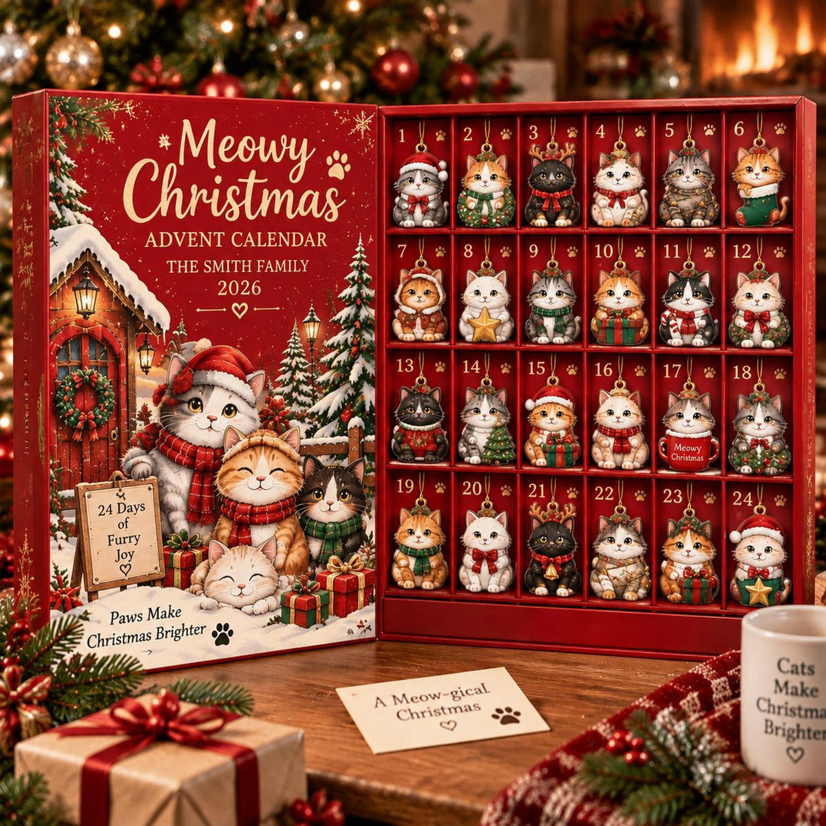 Personalized Cat Advent Calendar, Christmas Countdown Box, 24 Cute Cat Charms, Custom Family Name Holiday Keepsake, Cat Lover Gift 2026
