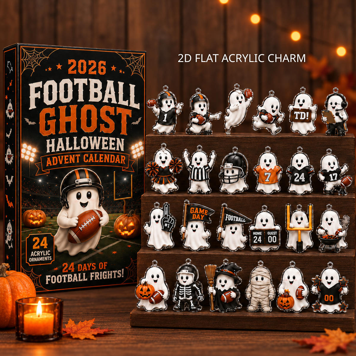 2026 Halloween Football Ghost Advent Calendar – 24-Day Spooky Sports Countdown with Acrylic Ghost Charms, Fun Football-Themed Collector Gift for Kids & Fans