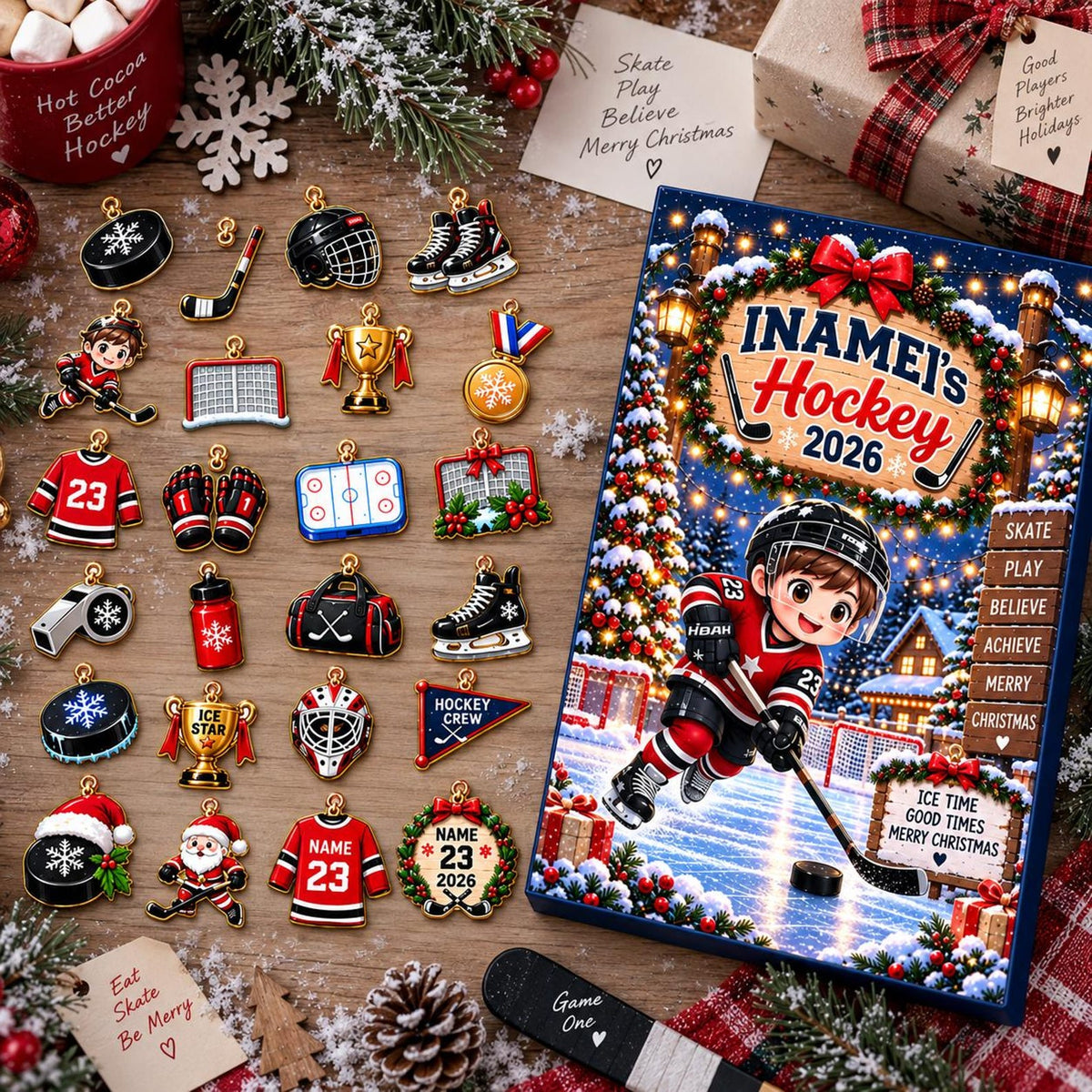 Personalized Hockey Advent Calendar 2026, Kids 24 Days Holiday Countdown Box (2026)