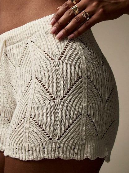 White Crochet Knit High-Waisted Beach Shorts