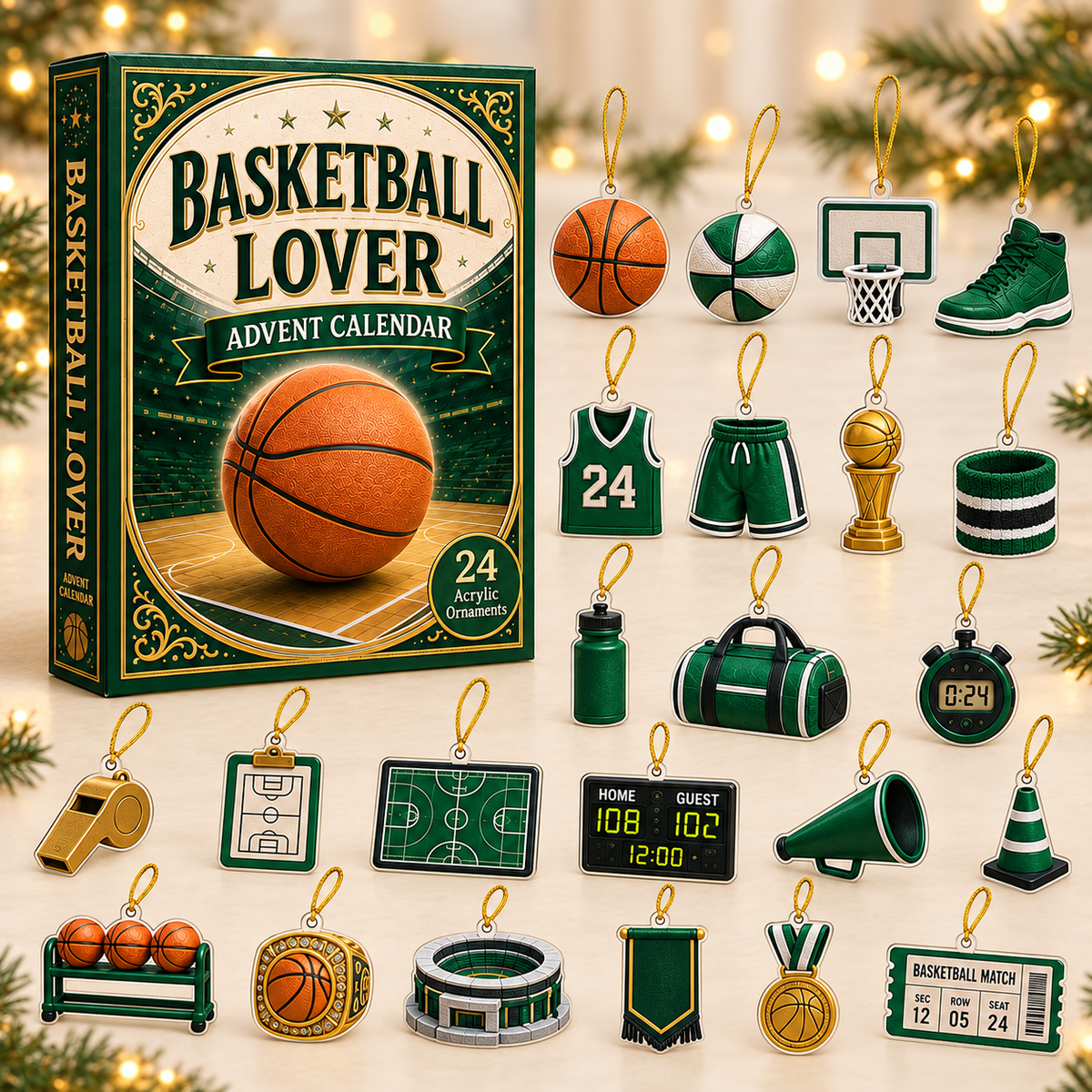 Basketball Green Theme Advent Calendar 2026 - 24-Day Festive Countdown, Acrylic Charms Blind Box - Gift For Basketball Lovers