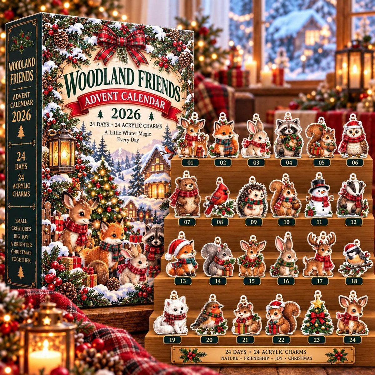 Woodland Friends Advent Calendar 2026, 24 Days of Winter Animal Acrylic Ornaments, Cute Christmas Countdown Gift for Nature Lovers