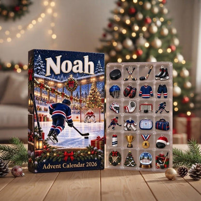 Personalized Hockey Advent Calendar 2026, 24 Ice Hockey Charms, Custom Name Christmas Countdown Gift for Hockey Players