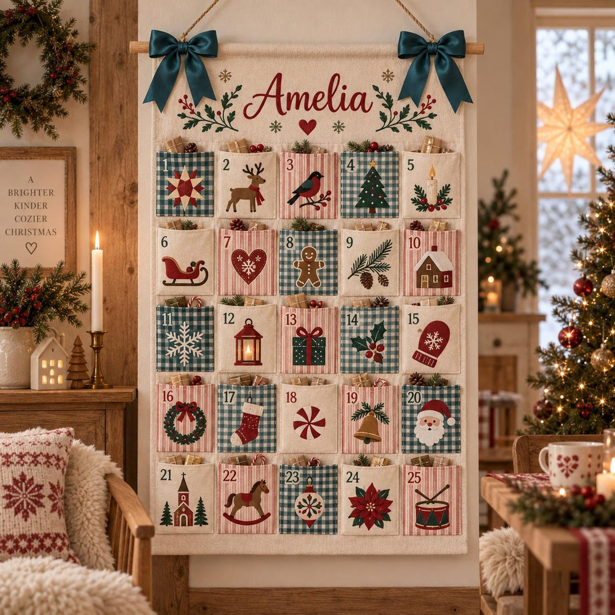 Personalized Fabric Advent Calendar, 25-Pocket Fabric Countdown Organizer, Kids Advent Calendar, Reusable Wall Hanging, Christmas Decor