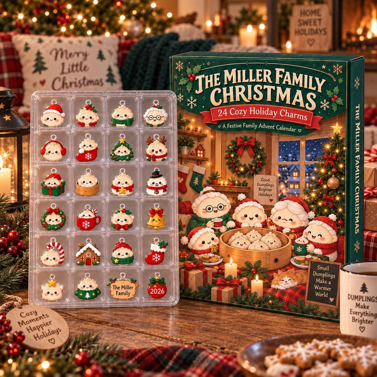 Personalized Dumpling Family Christmas Advent Calendar 2026, 24 Cozy Holiday Charms Set, Custom Family Name Blind Box Countdown Gift For Kid