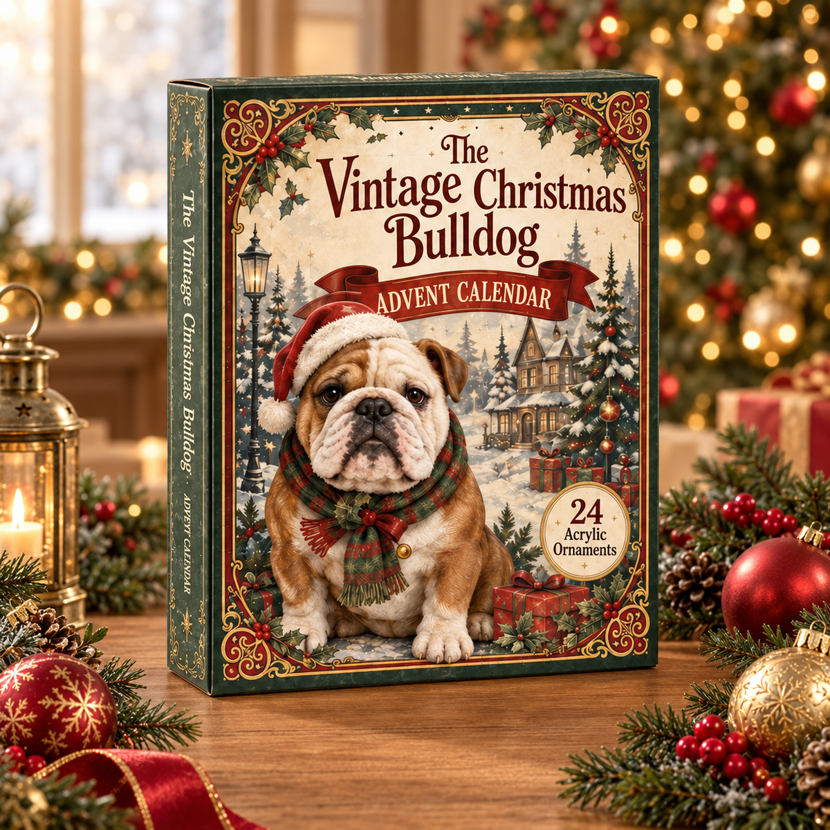 The Vintage Christmas Bulldog Advent Calendar 2026 - 24-Day Festive Countdown, Acrylic Charms Blind Box - Gift For Bulldog Lovers