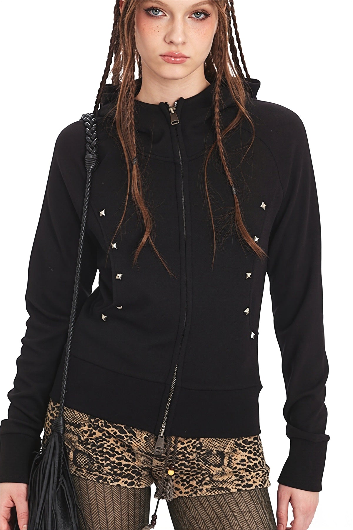 Rhinestone Detail Fitted Zip Up Hoodie