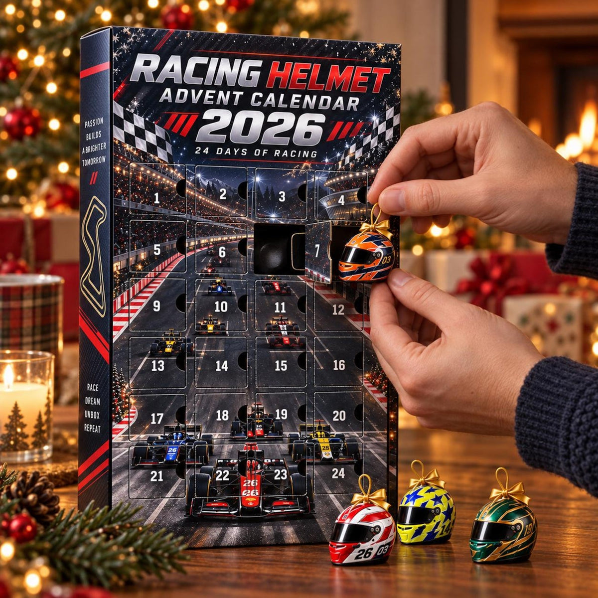 2026 Racing Helmet Advent Calendar, 24 Day Motorsport Christmas Countdown, Race Car Fan Ornament Gift