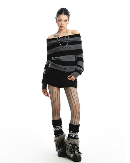 Black and Grey Off-Shoulder Knit Top