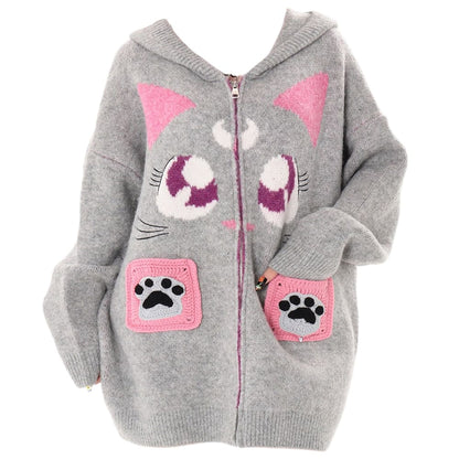 Black Cat Knit Zip Up Hoodie