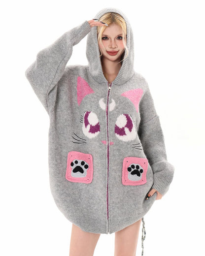 Black Cat Knit Zip Up Hoodie