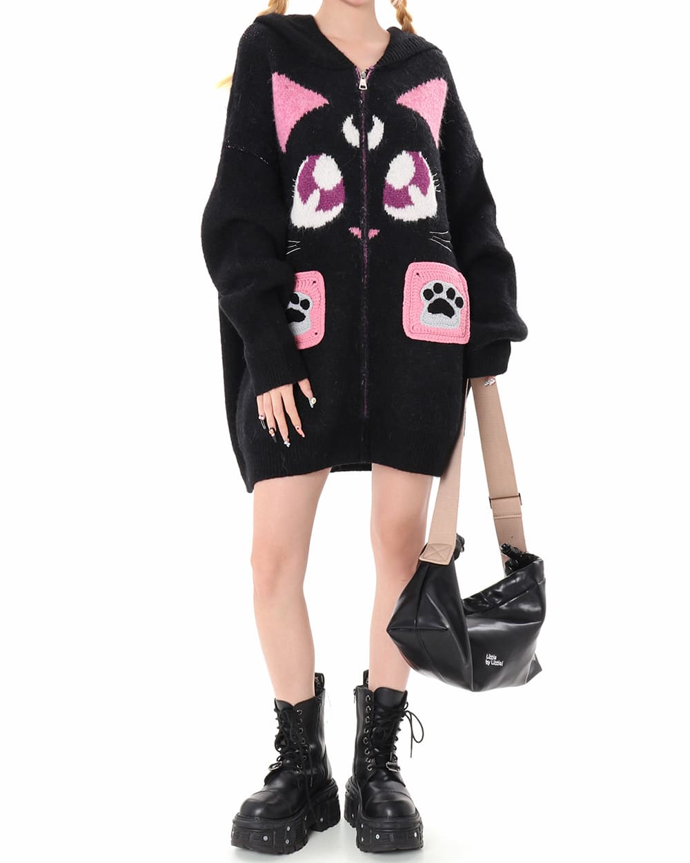 Black Cat Knit Zip Up Hoodie