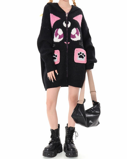 Black Cat Knit Zip Up Hoodie