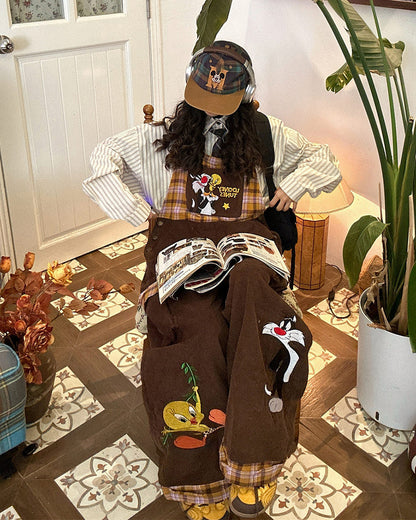 Brown Corduroy 90s Cartoon Dungarees