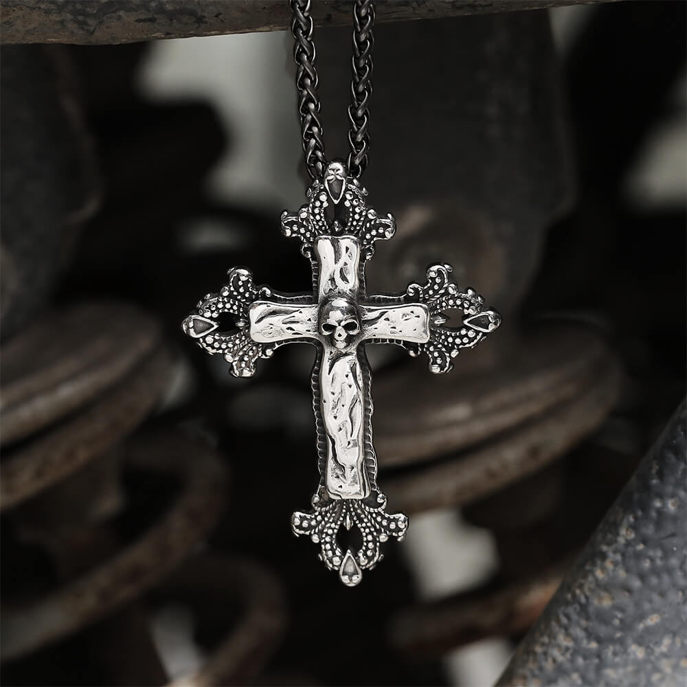 Budded Cross Stainless Steel Skull Pendant