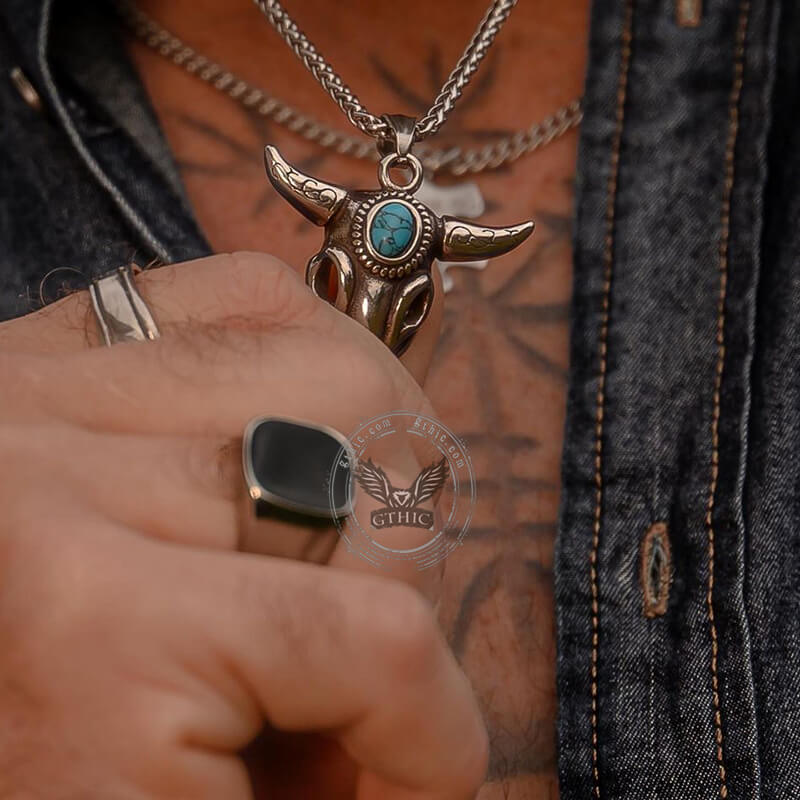 Bull Head Skull Stainless Steel Turquoise Pendant