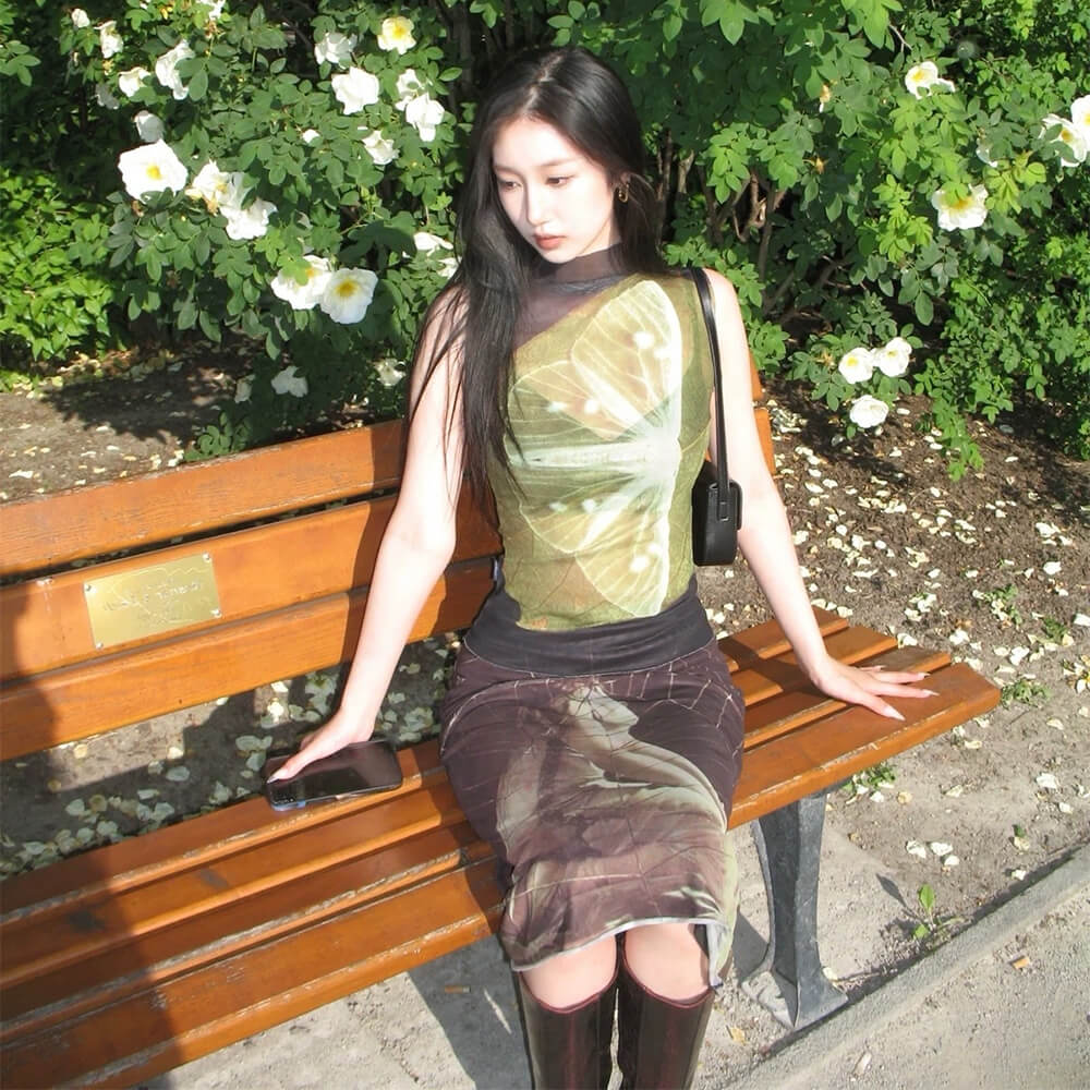 Butterfly Print Mesh Turtleneck Top