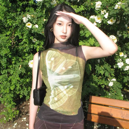 Butterfly Print Mesh Turtleneck Top