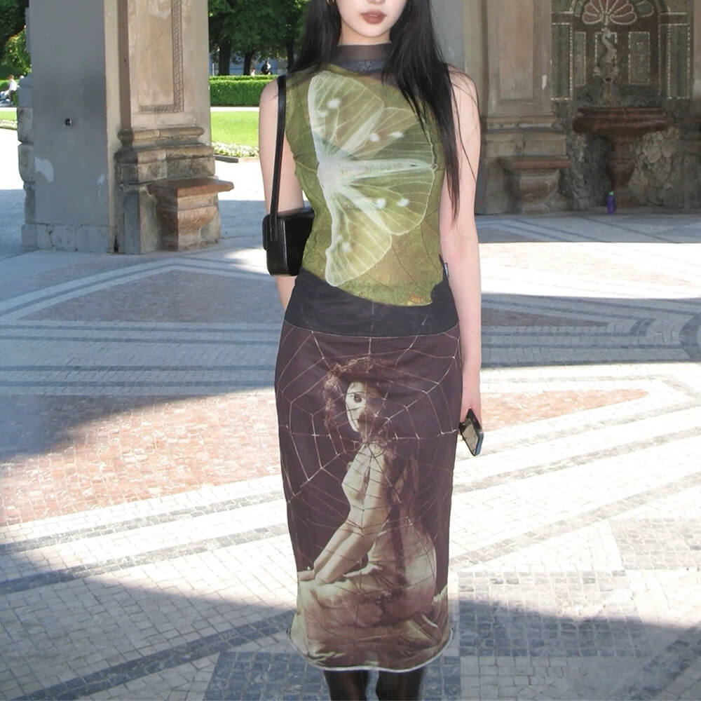Butterfly Print Mesh Turtleneck Top