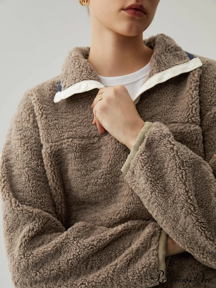 Button Down Collar Trendy Contrast Trim Sherpa Sweater