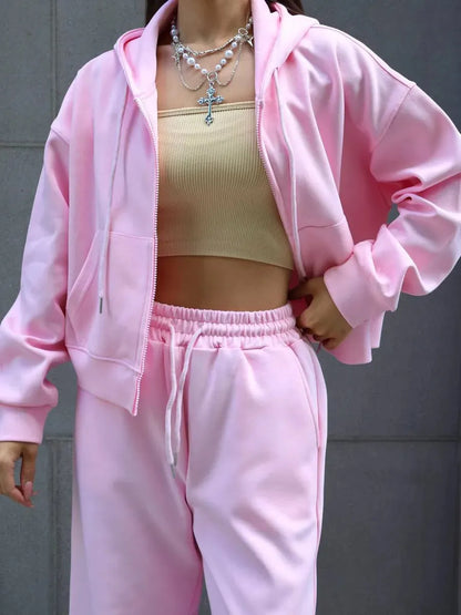 Two-Piece Solid Color Zipper Hoodie and Trousers Set