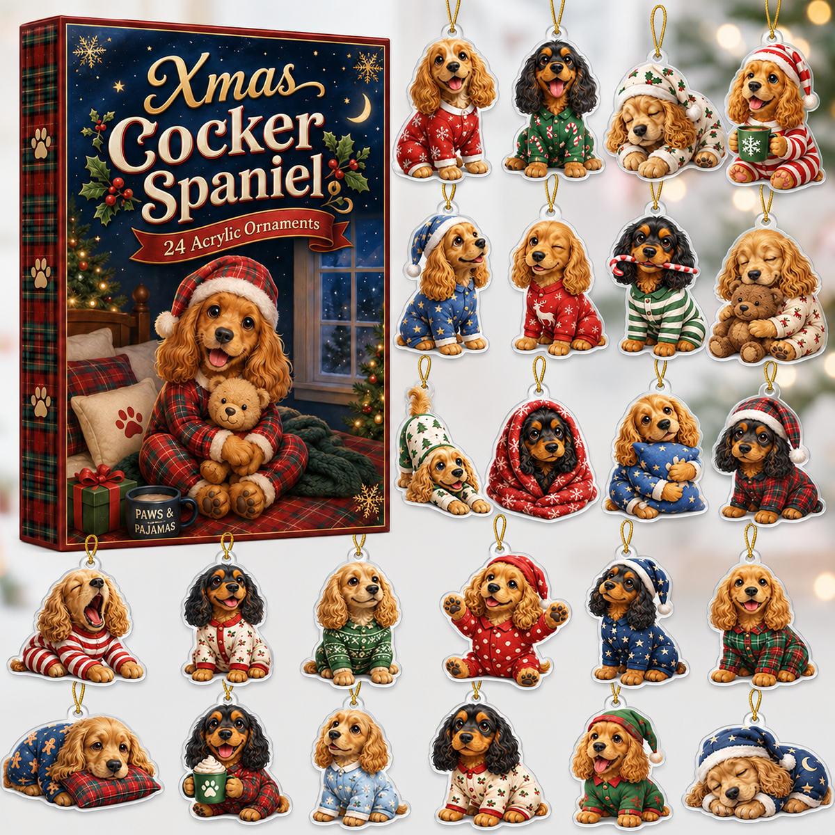 Cocker Spaniel Pajama Advent Calendar 2026 - 24-Day Festive Countdown, Acrylic Charms Blind Box - Gift For Cocker Spaniel Lovers