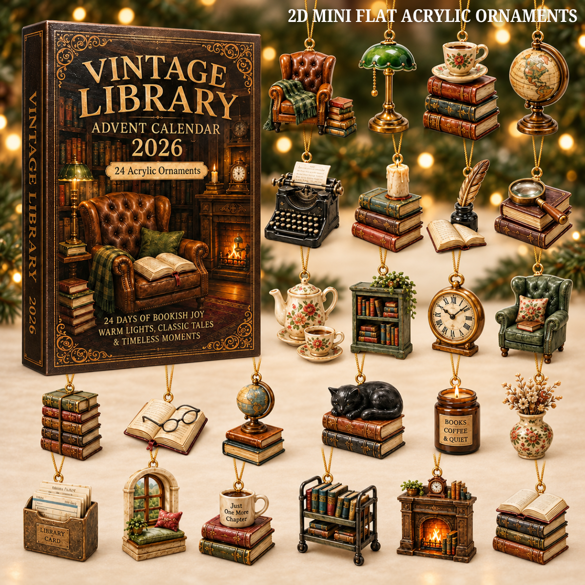 Vintage Library Advent Calendar 2026 - 24-Day Festive Countdown, Acrylic Charms Blind Box - Gift For Reading Lovers