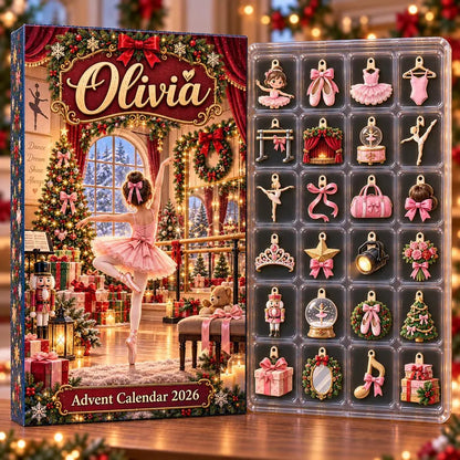 Personalized Ballerina Advent Calendar, 24 Ballet Christmas Charms, Custom Name Dancer Gift, Holiday Countdown Box