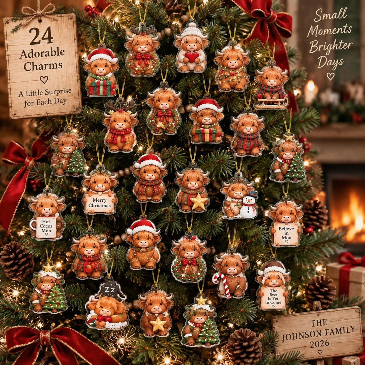 Personalized Highland Cow Advent Calendar, Christmas Countdown Box, 24 Mini Cow Charm Set, Custom Family Holiday Keepsake, Christmas 2026