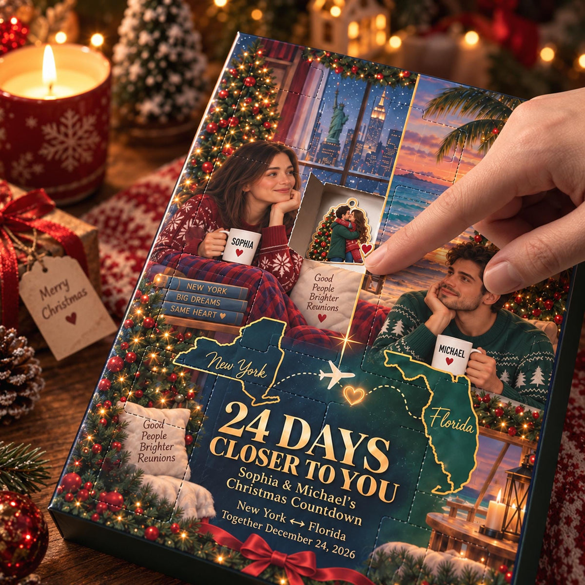 Personalized Long Distance Couple Advent Calendar 2026, 24pc Acrylic Ornaments, Christmas Reunion Gift, Custom State Map Photo Countdown Box