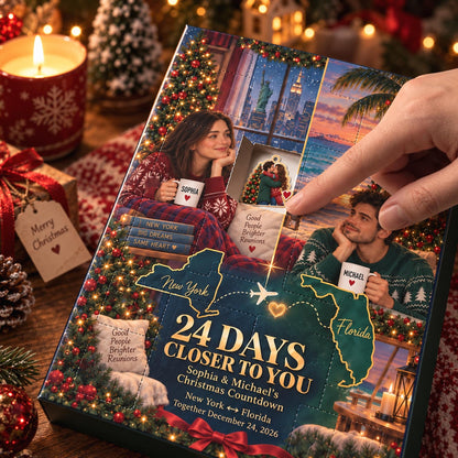 Personalized Long Distance Couple Advent Calendar 2026, 24pc Acrylic Ornaments, Christmas Reunion Gift, Custom State Map Photo Countdown Box