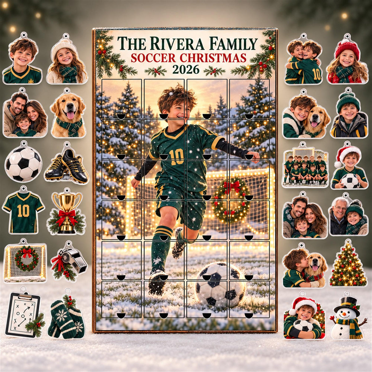 Personalized Soccer Advent Calendar with 24 Custom Photo Acrylic Ornaments, Player Number Christmas Gift for Soccer Family and Coach