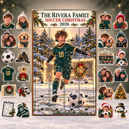 Personalized Soccer Advent Calendar with 24 Custom Photo Acrylic Ornaments, Player Number Christmas Gift for Soccer Family and Coach